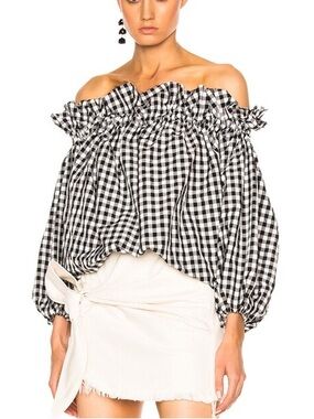 MARQUES ' ALMEIDA Off Shoulder Gathered Top Black Gingham Sz. S